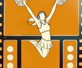 A black line illustration of a negative film behind a faceless cheerleader wearing a skirt, crop top, and headphones jumping with two Pom poms symbolizing audio streaming and digital content. Concept art for The Truth About Leo (Zodiac) audio version.