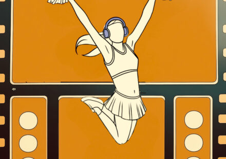 A black line illustration of a negative film behind a faceless cheerleader wearing a skirt, crop top, and headphones jumping with two Pom poms symbolizing audio streaming and digital content. Concept art for The Truth About Leo (Zodiac) audio version.