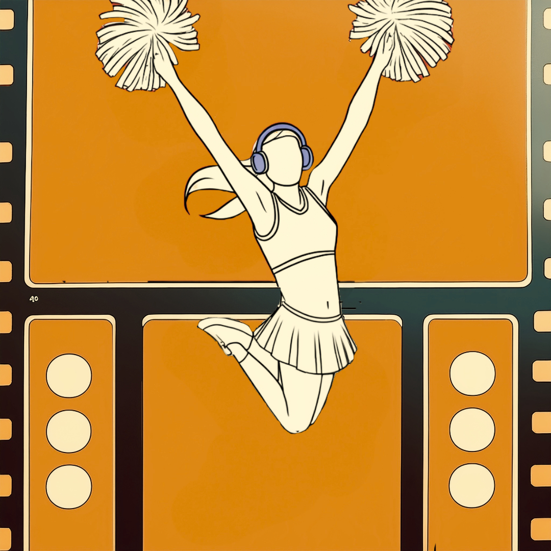 A black line illustration of a negative film behind a faceless cheerleader wearing a skirt, crop top, and headphones jumping with two Pom poms symbolizing audio streaming and digital content. Concept art for The Truth About Leo (Zodiac) audio version.