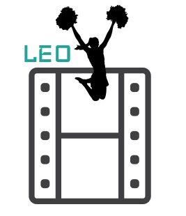 A silhouette of a cheerleader with two pom-poms jumps in the air behind her; it is a Black lined negative film and at the top left, the word 'Leo' is written in teal to symbolise the truth about Leo in astrology