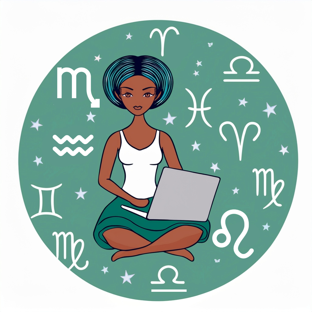 Site Logo of a green circle with white astrology symbols in the background. A barefooted woman with a laptop sits on the floor with her legs crossed.