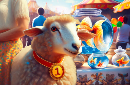 An illustration of a prized sheep wearing a rosette on its neck, with a woman to the left of the sheep. Behind them are goldfish bowl prizes on a table at the carnival stall to symbolize the compatibility between winner Aries and the prize Pisces