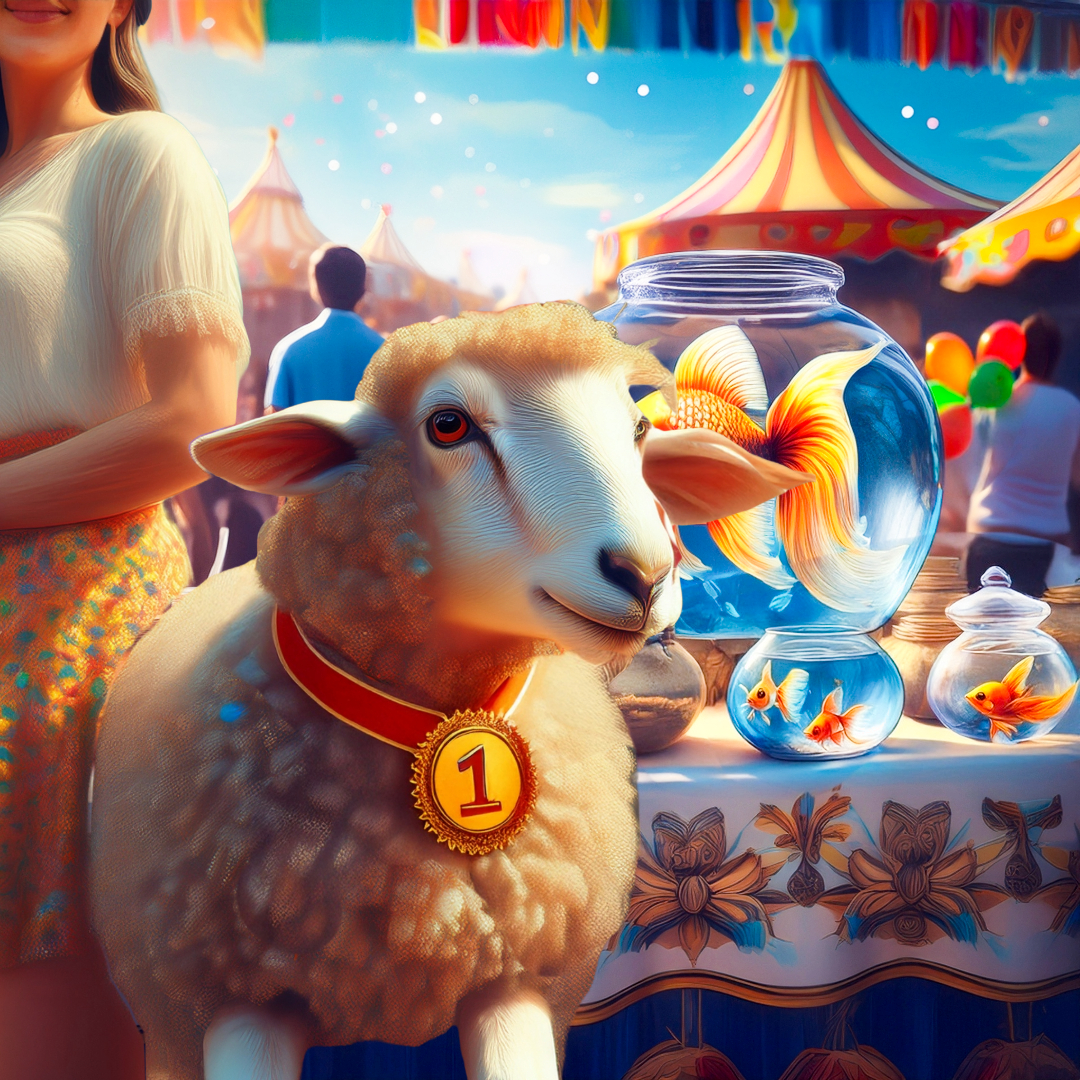 An illustration of a prized sheep wearing a rosette on its neck, with a woman to the left of the sheep. Behind them are goldfish bowl prizes on a table at the carnival stall to symbolize the compatibility between winner Aries and the prize Pisces
