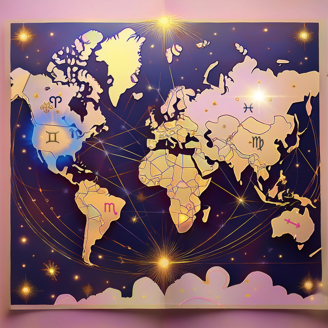 A dreamy celestial world map with zodiac constellations woven into the background — soft mauve deep pink hues with gold or white star lines. the map has zodiac glyphs subtly placed over certain countries that are gold and pink to reflect Signs and Countries in astrology