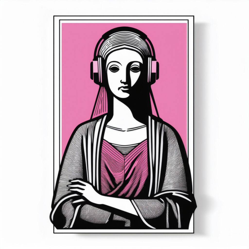 Illustration of a confident woman inspired by the Mona Lisa, wearing headphones and crossing her arms, on a pink cutout background — symbolizing the blog post about Truth about Taurus Audio Version