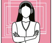 Illustration featuring a minimalist black outer line drawing and white silhouette of a serene, faceless woman with headphones on, crossed arms, white layered square lines multiple times like art prints behind her, set against a pink background to depict the Truth about Taurus audio version.