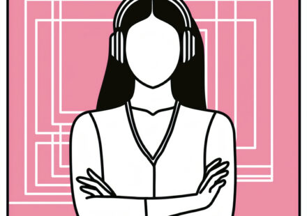 Illustration featuring a minimalist black outer line drawing and white silhouette of a serene, faceless woman with headphones on, crossed arms, white layered square lines multiple times like art prints behind her, set against a pink background to depict the Truth about Taurus audio version.
