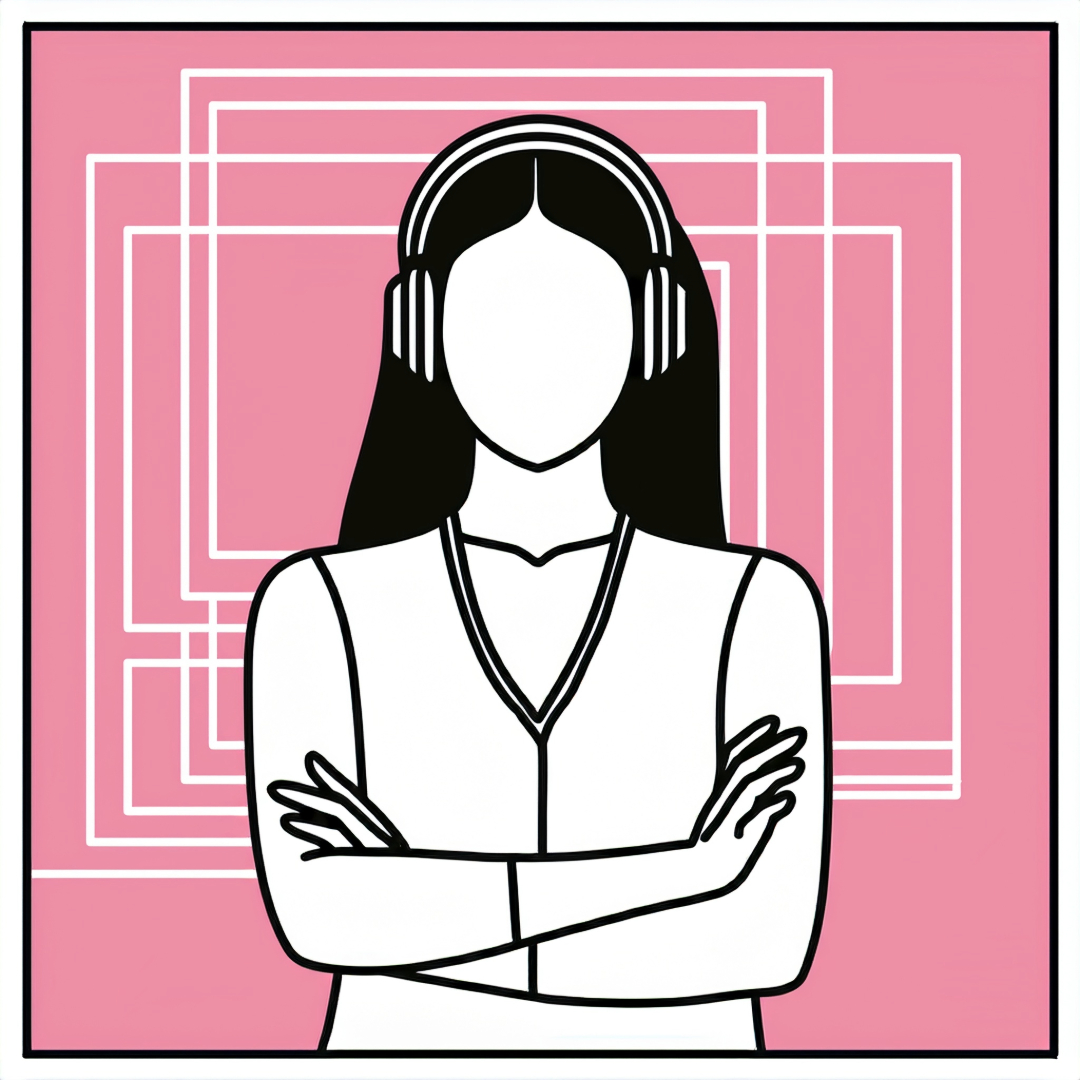 Illustration featuring a minimalist black outer line drawing and white silhouette of a serene, faceless woman with headphones on, crossed arms, white layered square lines multiple times like art prints behind her, set against a pink background to depict the Truth about Taurus audio version.
