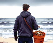 A digital illustration of a back profile of a man wearing a hooded dark top, jeans, and a glove on his left hand stands on the beach in a brown crossover bucket filled with crabs over his shoulder on a cloudy, gloomy day