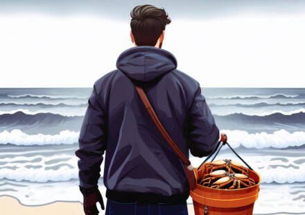 A digital illustration of a back profile of a man wearing a hooded dark top, jeans, and a glove on his left hand stands on the beach in a brown crossover bucket filled with crabs over his shoulder on a cloudy, gloomy day