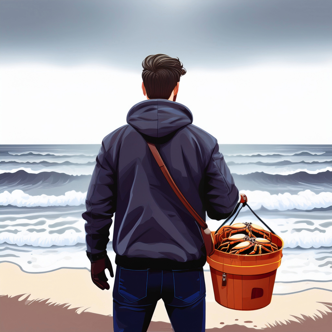 A digital illustration of a back profile of a man wearing a hooded dark top, jeans, and a glove on his left hand stands on the beach in a brown crossover bucket filled with crabs over his shoulder on a cloudy, gloomy day