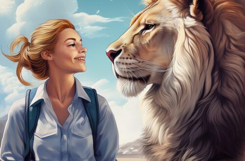 an illustration of a conversationist in the Safari with a lion looking deeply in the Lions eyes to depict the compatibility between a Virgo and a Leo