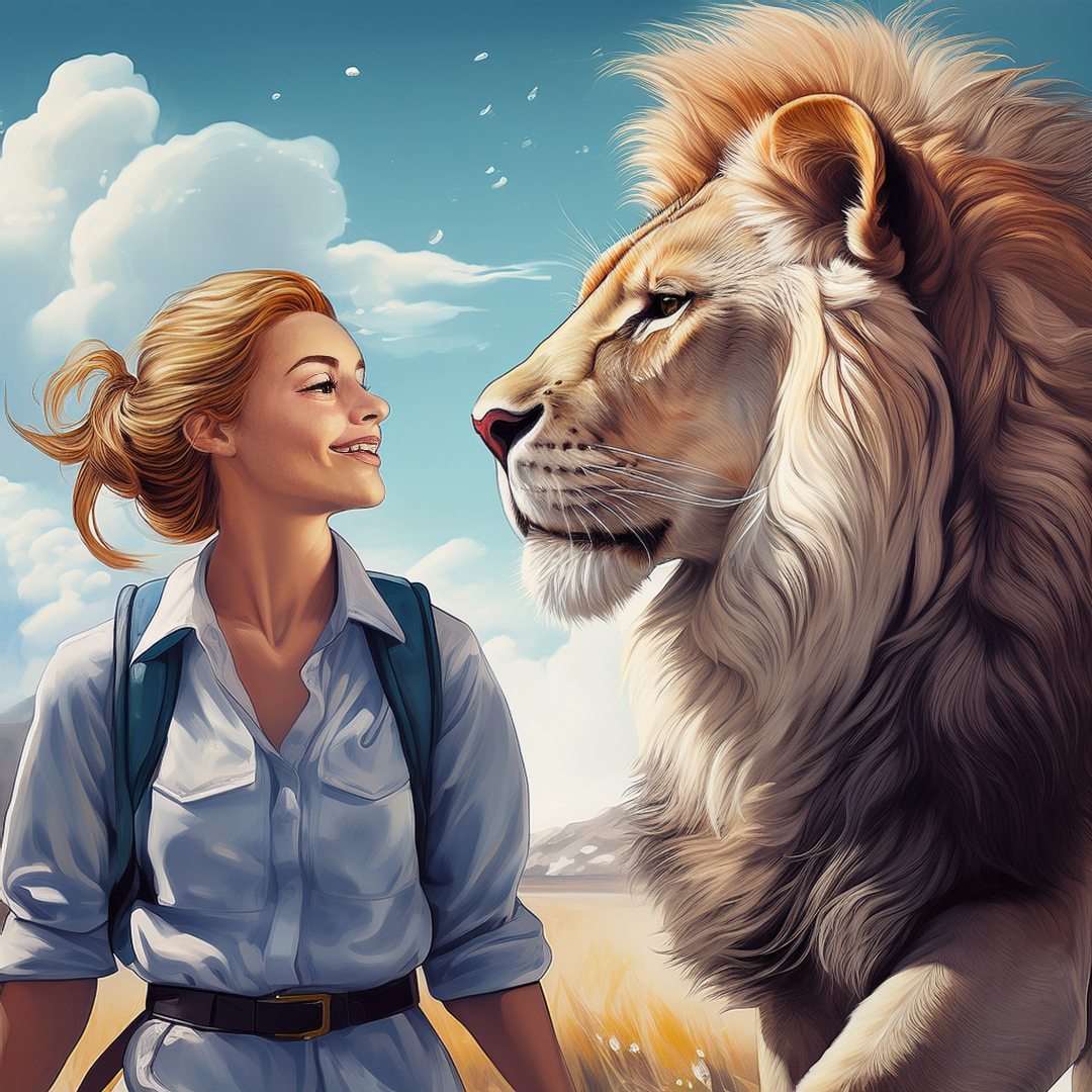 an illustration of a conversationist in the Safari with a lion looking deeply in the Lions eyes to depict the compatibility between a Virgo and a Leo