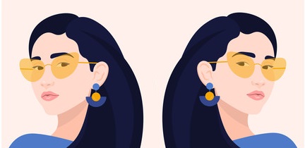 A coloured illustration of a side profile of two identical women on either side of one another, both have their dark hair down swooped to the left and right side, wearing identical yellow shades a blue sweater and you can see one blue drop-down earring with a yellow circle on each woman to represent How to spot a Gemini woman