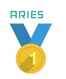 An illustration of primary suspension blue ribbon that hangs from a gold medal with the number 1 written on it and the word 'Aries' is written in teal to depict the truth about Aries