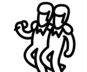 A side full-body profile of a black-lined illustration of two identical faceless presley performers in bowties with their arm around each others shoulders and one on the left holds a microphone Gemini is the word on the top of the image written in teal to depict the truth about Gemini