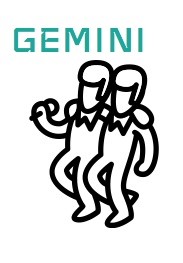 A side full-body profile of a black-lined illustration of two identical faceless presley performers in bowties with their arm around each others shoulders and one on the left holds a microphone Gemini is the word on the top of the image written in teal to depict the truth about Gemini