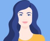 a colourful illustration of a white woman with blue wavy hair with a small side parting, pink lips, and blue eyes, wearing a yellow scoop neck top to depict How to Spot a Cancer Woman in Astrology