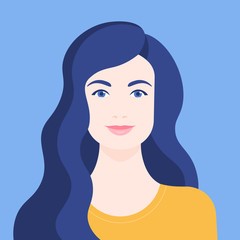 a colourful illustration of a white woman with blue wavy hair with a small side parting, pink lips, and blue eyes, wearing a yellow scoop neck top to depict How to Spot a Cancer Woman in Astrology
