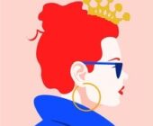 A colourful illustration of a side profile of a white woman with red hair tied in a bun. She wears a gold tiara, blue sunglasses, a gold hoop earring and a oversized blue puffer jacket; the background is a light peach blush colour and red lipstick depicts how to spot a Leo woman.