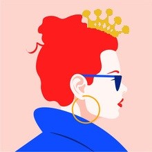 A colourful illustration of a side profile of a white woman with red hair tied in a bun. She wears a gold tiara, blue sunglasses, a gold hoop earring and a oversized blue puffer jacket; the background is a light peach blush colour and red lipstick depicts how to spot a Leo woman.