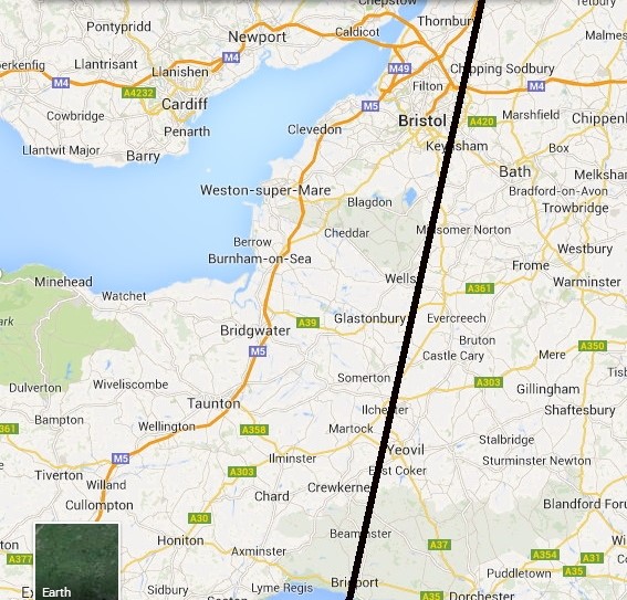 A screenshot of a black astrology line over a map of southwest England to represent my North Node line is astrocartography.