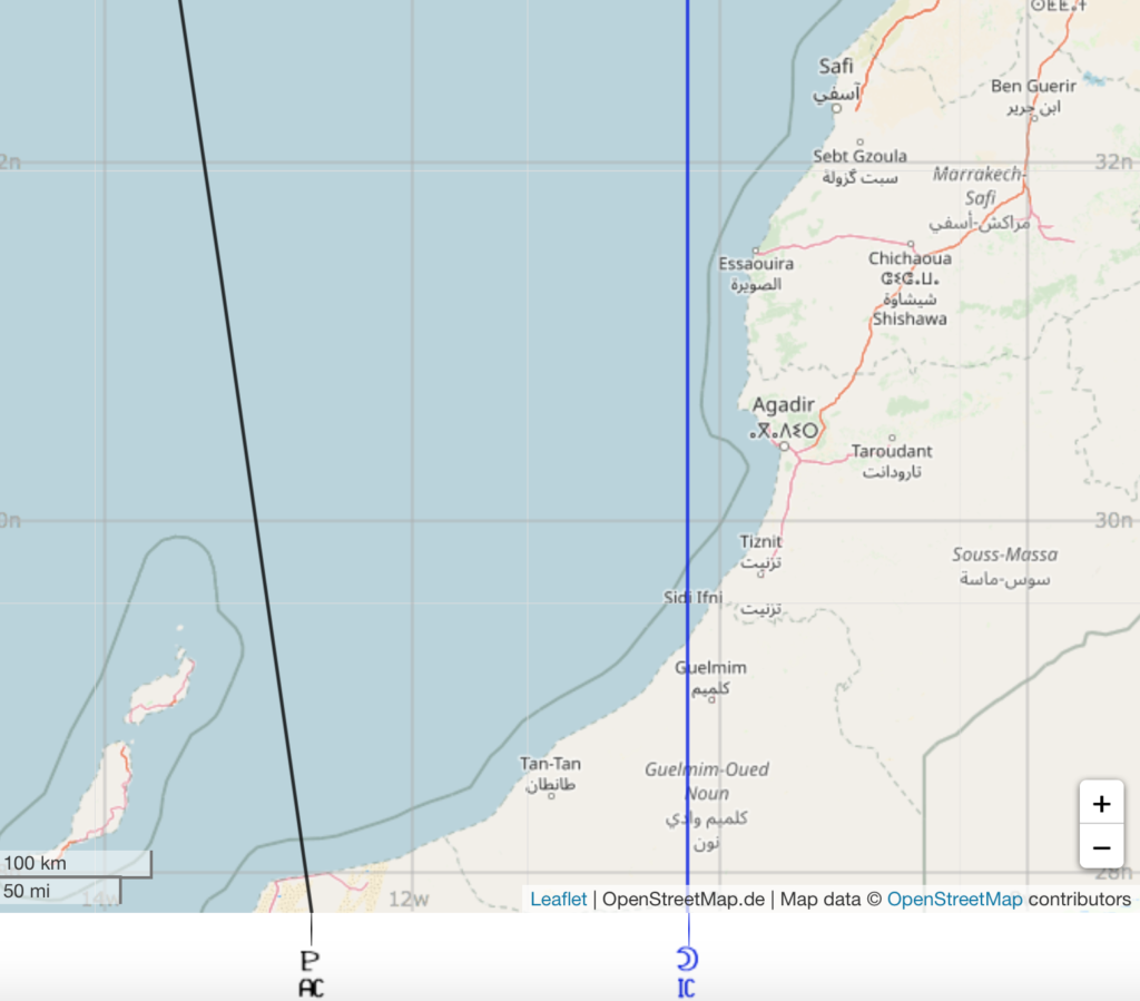 a map of coastal Morocco with a Pluto AC line and a blue moon in IC line running through Essaouria and Agadair, also close to Marrakesh