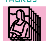 Illustration featuring a minimalist black line drawing of a serene, faceless woman with crossed arms, layered multiple times like art prints, set against a pink background with "TAURUS" written in bold teal letters at the top to represent Taurus Zodiac sign
