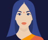 A stock illustration of a South Asian woman with a bindi, indigo hair with a small middle parting, and wearing a colourful sari to symbolize how to spot a Libra woman