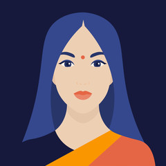 A stock illustration of a South Asian woman with a bindi, indigo hair with a small middle parting, and wearing a colourful sari to symbolize how to spot a Libra woman