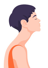 A side profile of a woman with short purple hair, with a long neck and an orange strap (clothing), to represent how to spot a Taurus woman