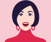A stock illustration of a 30-something woman with a short bob hairstyle that frames her face wears red lipstick, a red turtleneck sweater, and red hooped earrings looks amazed to symbolise How to sport a Virgo woman in astrology