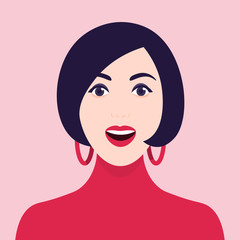 A stock illustration of a 30-something woman with a short bob hairstyle that frames her face wears red lipstick, a red turtleneck sweater, and red hooped earrings looks amazed to symbolise How to sport a Virgo woman in astrology
