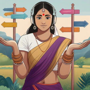 A woman dressed in a sari with a red bindi stands in front of an open green space; one hand is palm up on either side of her with a shrug. Behind her are different paths and arrow signs in different directions to represent an indecisive Libra woman.