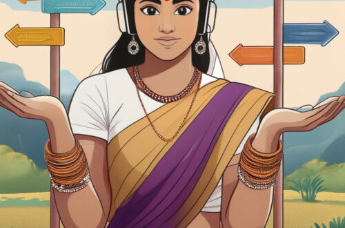 A woman dressed in a sari with a red bindi stands in front of an open green space; one hand is palm up on either side of her with a shrug. Behind her are different paths and arrow signs in different directions to represent an indecisive Libra woman.