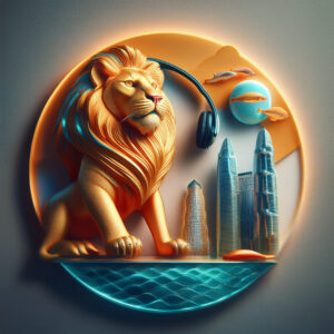 Digital 3D illustration with a hyper-realistic and surreal aesthetic. Feels like a sculpted emblem or medallion, with strong 3D rendering, metallic textures, and fantasy where a lion (Leo) wear's pair of headphones in a modern sci-fi/futuristic a lions dance proud above waves behind its neck is a pair of headphones in the sky. There is a planet or clouds and fish are set in front of this below the fish and to the right of the lion is some Singaporean skyscrapers. This image is to depict a wall art of the compatibility of Leo and Pisces, the blog post audio version