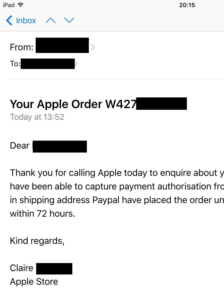 a screenshot of an Apple email order
