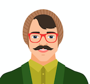 A colourful vector image of a man in red glasses a light brown beanie hat, a green jacket, and a lime button shirt. and a moustache to represent an Aquarius man