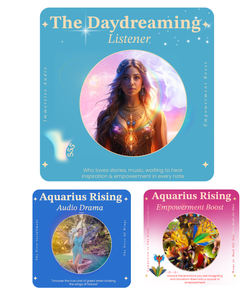 A Image of Aquarius rising audio drama and empowerment boost audio part of daydreaming listener bundle / character card available on FFWD.audio
