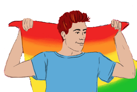 An Aquarius man holding a rainbow flag wearing a light blue t-shirt.