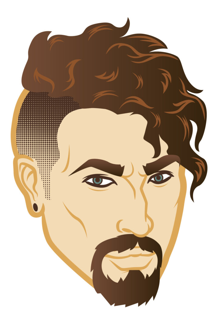 A vector image of a headshot with an earring, a moustache, and edgy brown wavy hairstyle to symbolise a Capricorn man.