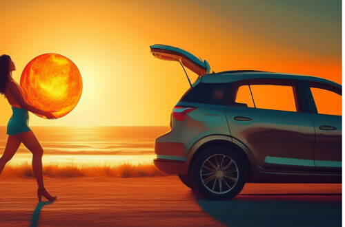 A illustration of a woman Carrying the sun to the trunk of her car to symbolise stealing 5he sun.