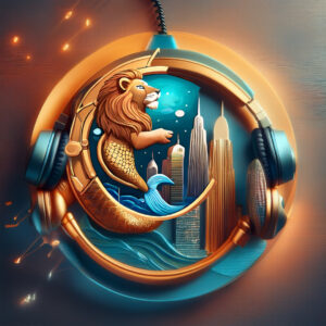 A lion with a mermaid-like fish tail (mythical Leo and Pisces-mermaid hybrid) wearing or encased within large headphones, suggesting sound, audio, or music. City skyscrapers emerging from water, implying urban power, aspiration, or global reach. Notable buildings are stylised to resemble iconic modern towers. Headphones framing the lion, to symbolise audio version . Water waves beneath the lion, reinforcing the aquatic tail symbolism of Leo and Pisces compatibility.