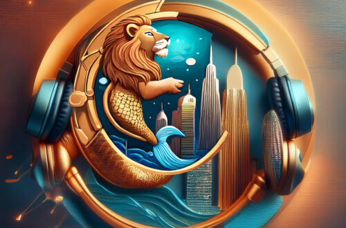 A lion with a mermaid-like fish tail (mythical Leo and Pisces-mermaid hybrid) wearing or encased within large headphones, suggesting sound, audio, or music. City skyscrapers emerging from water, implying urban power, aspiration, or global reach. Notable buildings are stylised to resemble iconic modern towers. Headphones framing the lion, to symbolise audio version . Water waves beneath the lion, reinforcing the aquatic tail symbolism of Leo and Pisces compatibility.