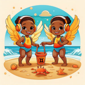 Twin children with wings at the beach with headphones on stand in front of the ocean with a bucket that has the Gemini symbol and on the sand are a crab and starfish to symbolise Gemini (Twins) and Cancer (crab) compatibility.