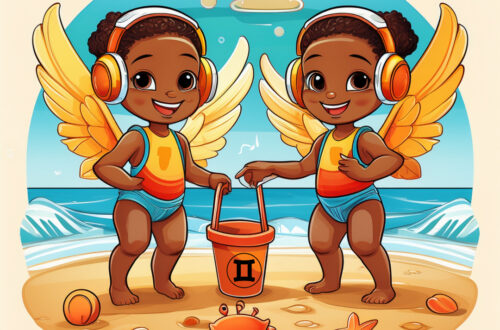 Twin children with wings at the beach with headphones on stand in front of the ocean with a bucket that has the Gemini symbol and on the sand are a crab and starfish to symbolise Gemini (Twins) and Cancer (crab) compatibility.