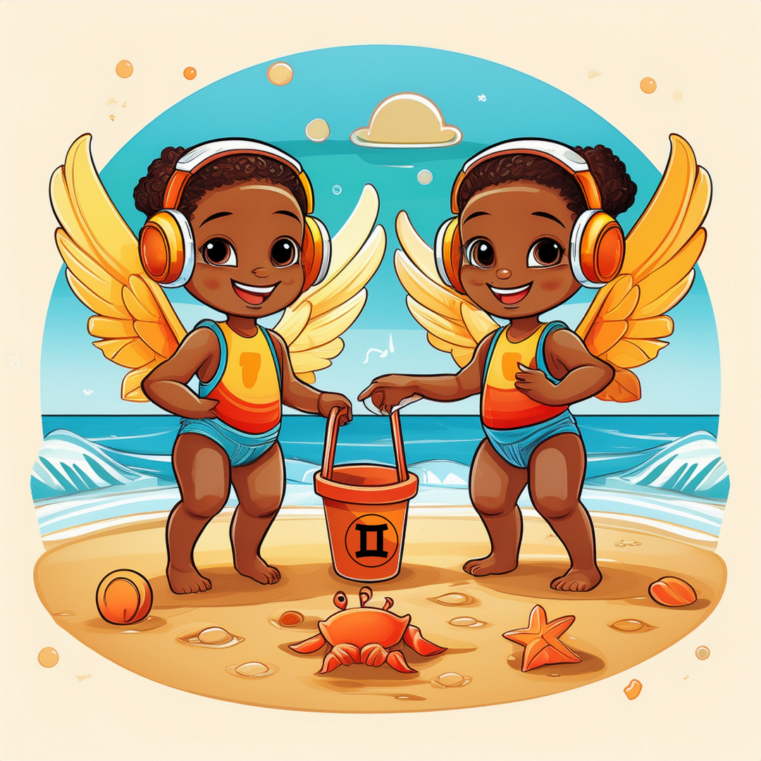 Twin children with wings at the beach with headphones on stand in front of the ocean with a bucket that has the Gemini symbol and on the sand are a crab and starfish to symbolise Gemini (Twins) and Cancer (crab) compatibility.