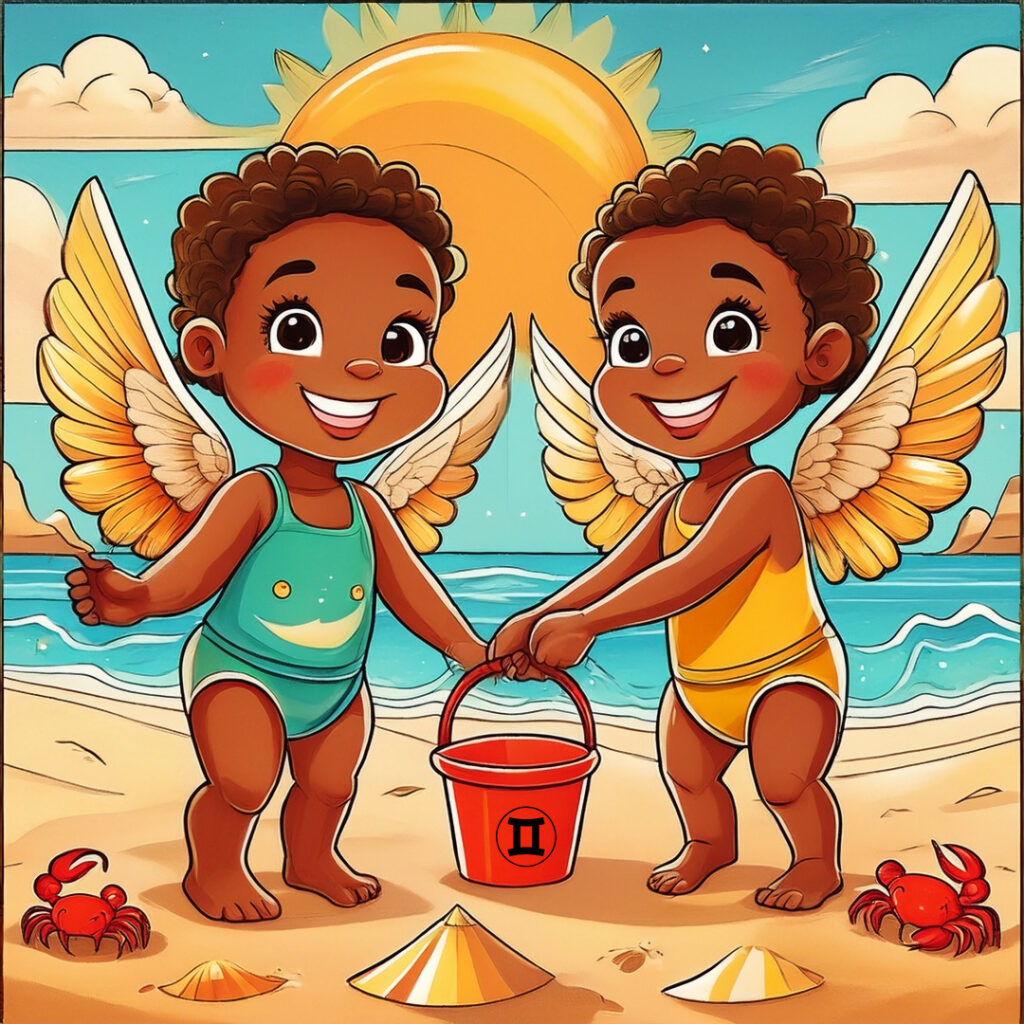 Two young winged children holding a bucket with the Gemini symbol behind them is the sea and the sun. on the sand is a crab to symbolise Gemini (Twins) and Cancer (Crab) compatibility. 