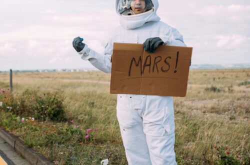 A photograph of Person in a space suit. Costume Hitchhiking to mars on the roadside