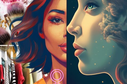 Two woman: one side shows the woman he thinks he wants (Venus), a colourful image of a modern ethnic ambiguous woman with short brown hair behind her rack of clothes and makeup. the other shows the one who reflects what he actually needs emotionally (Moon). A imaginary white ghost like figure.